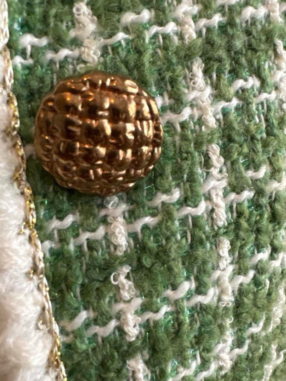 Green Tweed Button-Front Jacket with Cream Trim - Picture 5 of 7